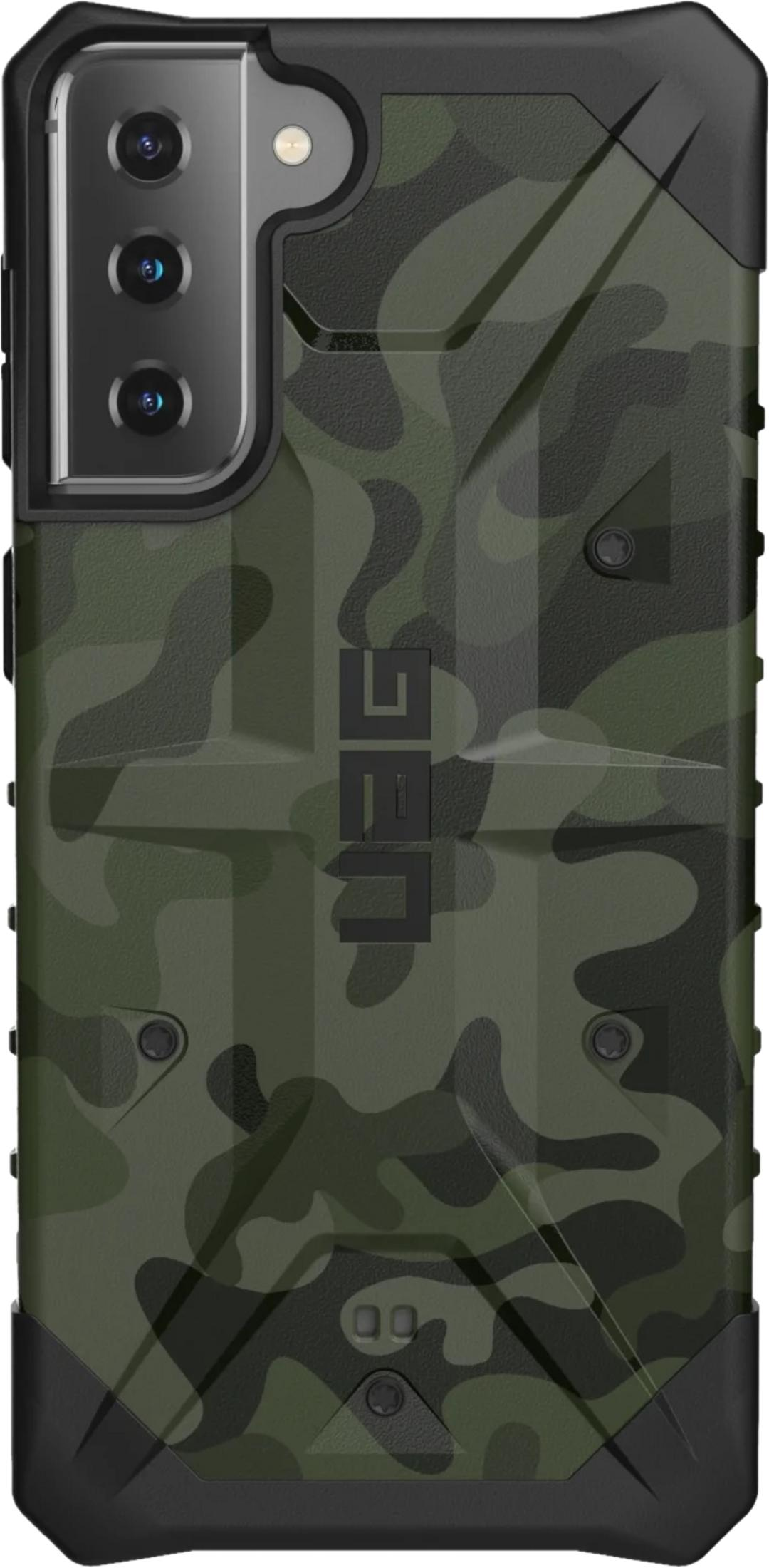 Groene camouflage telefoonhoes met cameramodule en zwart frame.