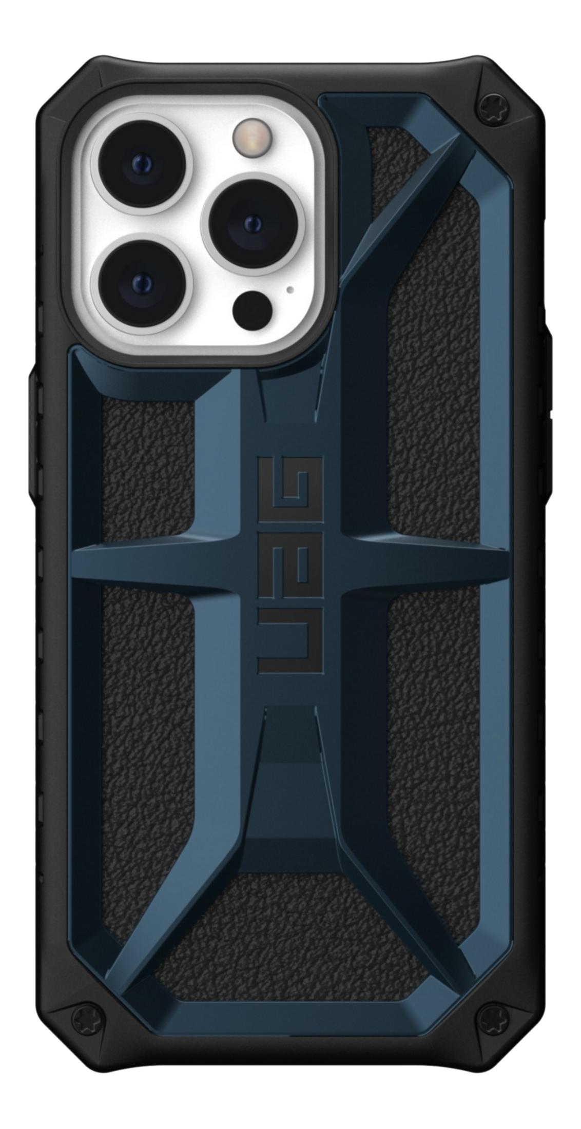 Schwarze Hülle für ein Smartphone mit blauen Akzenten und Kamerasystem.