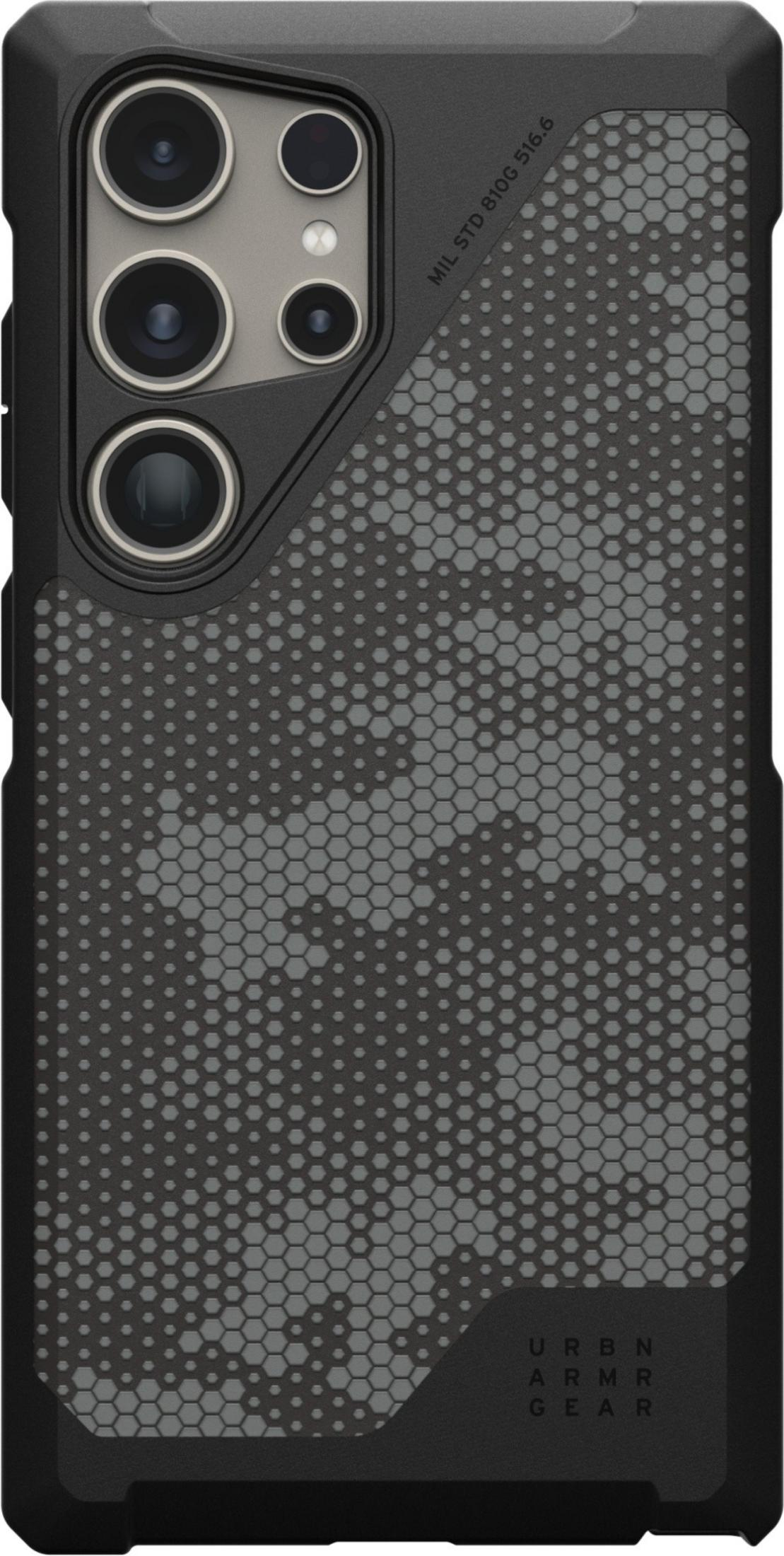 Zwart smartphonehoesje met hexagonaal patroon en vier cameralenzen.