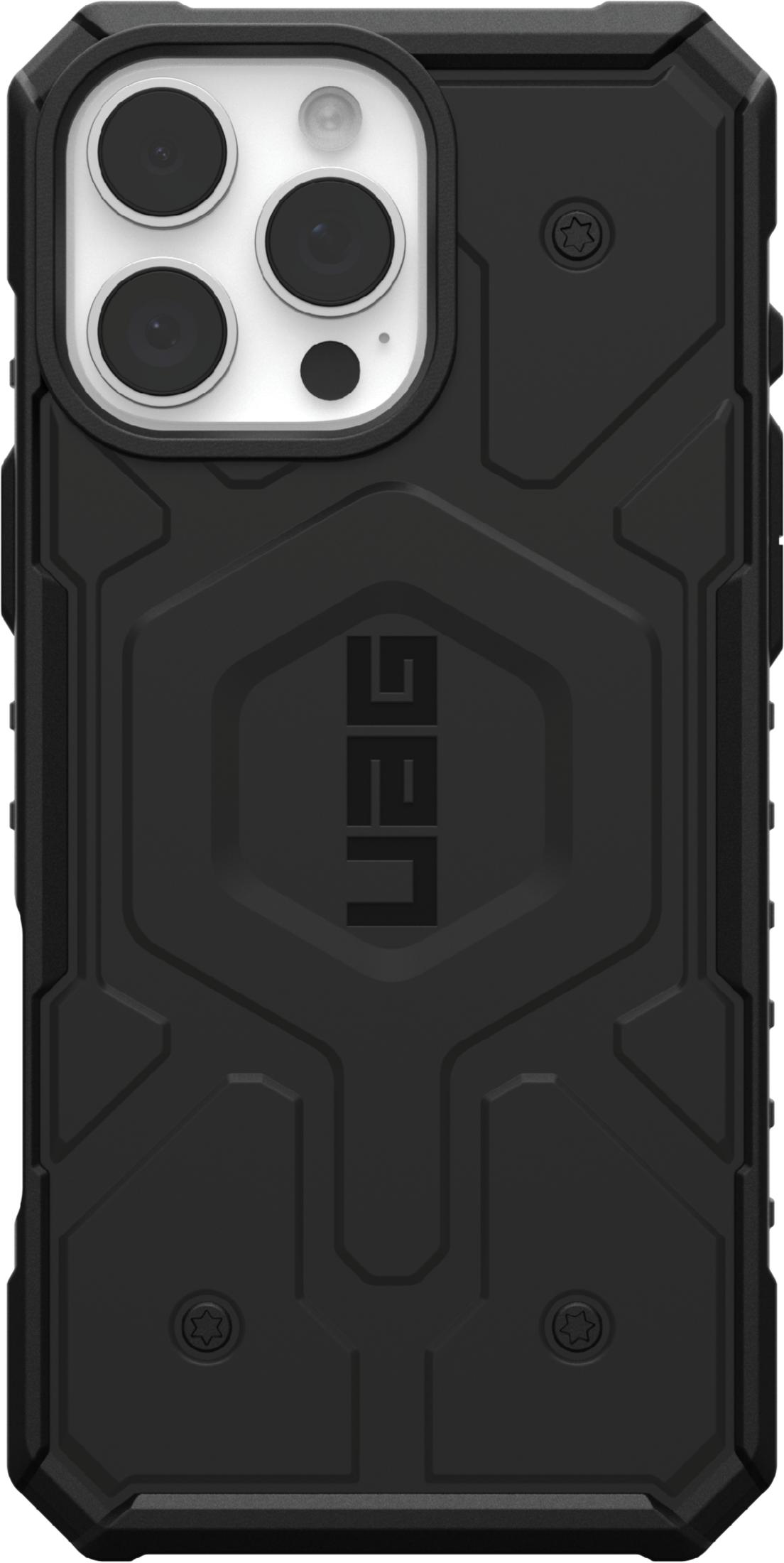 Schwarzes Handyhülle mit dreifacher Kameraöffnung und UAG-Logo.