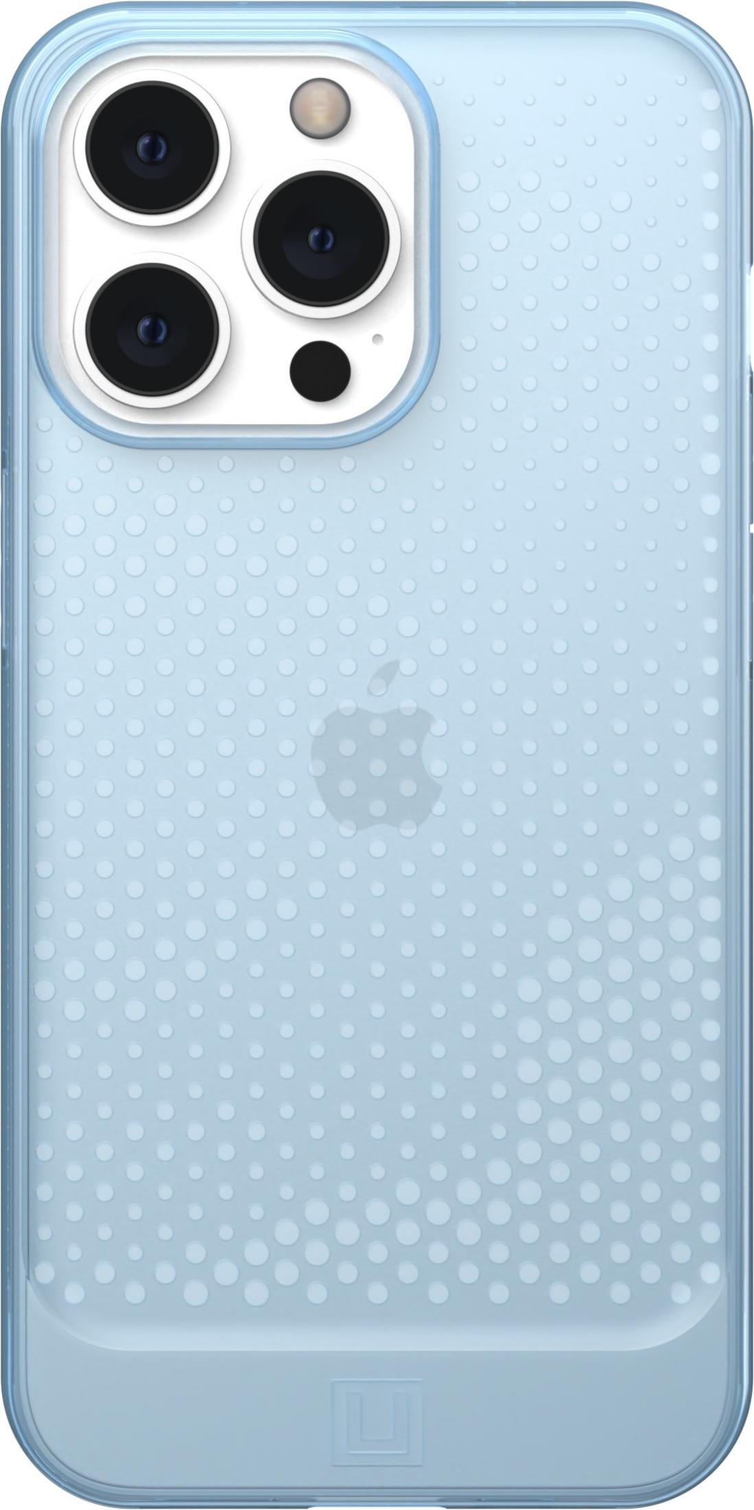Helles blaues iPhone mit gepunktetem Muster und Kameramodul.