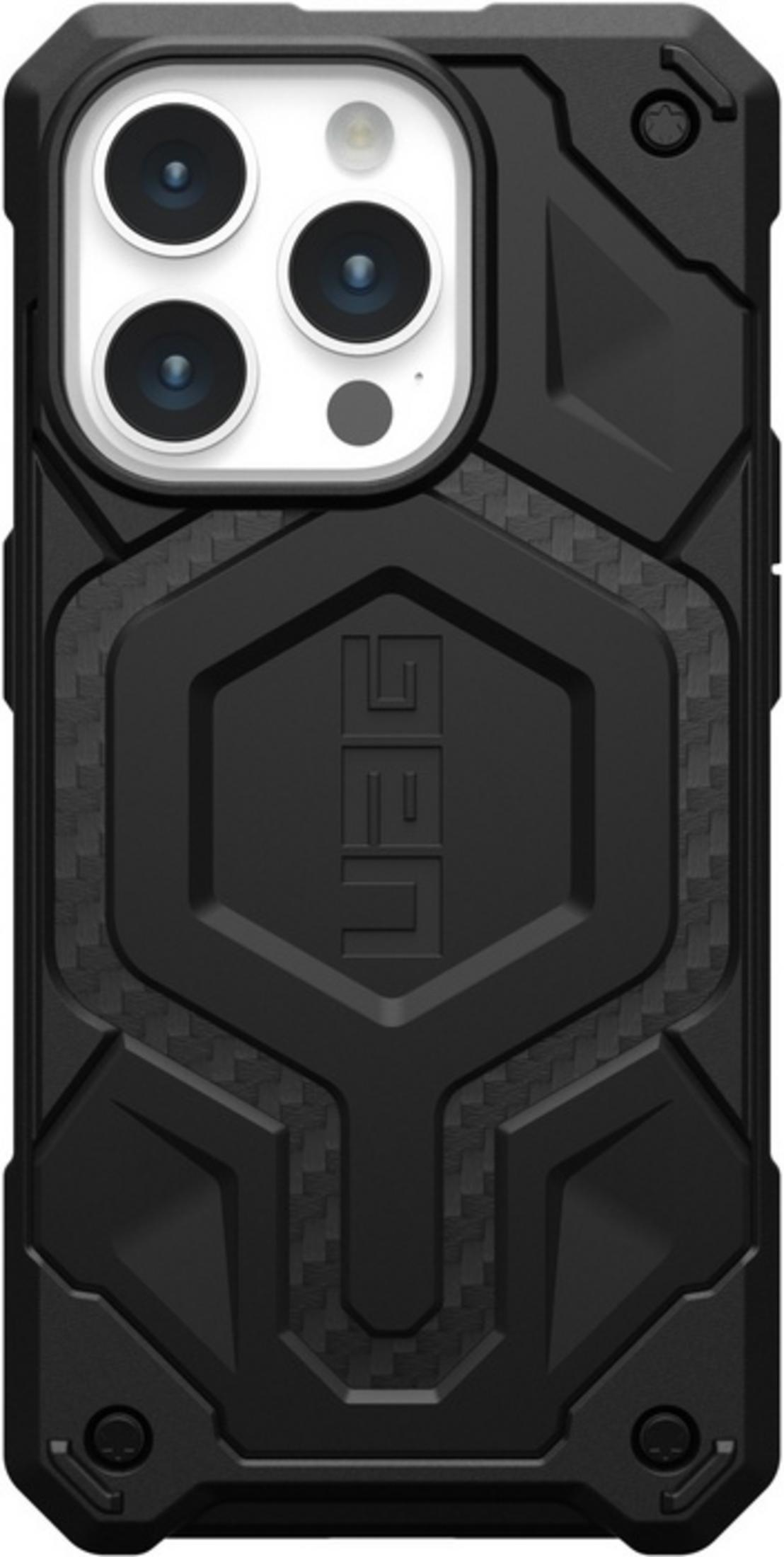 Schwarze Handyhülle mit dreifacher Kameraöffnung und UAG-Logo.