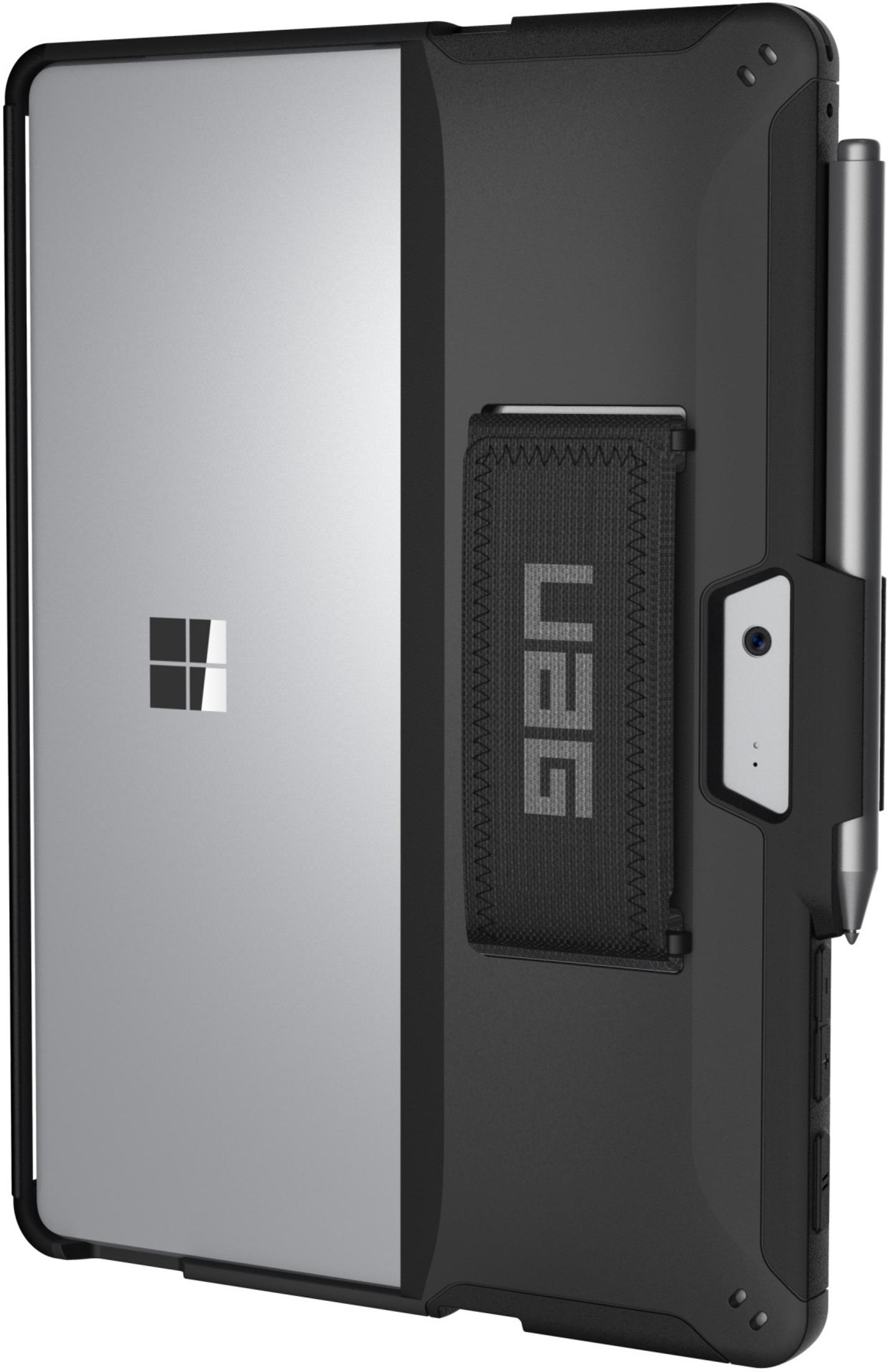 Graues Tablet in schwarzer Hülle mit Stifthalter und Kamera.