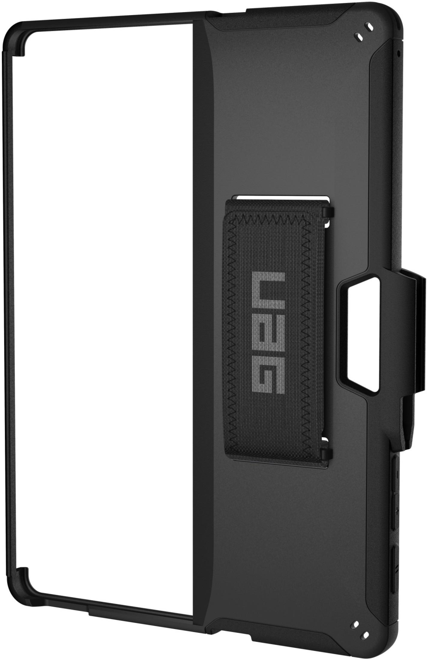 Schwarzes UAG-Gehäuse mit strukturiertem Griffband und Aussparung für ein Gerät.