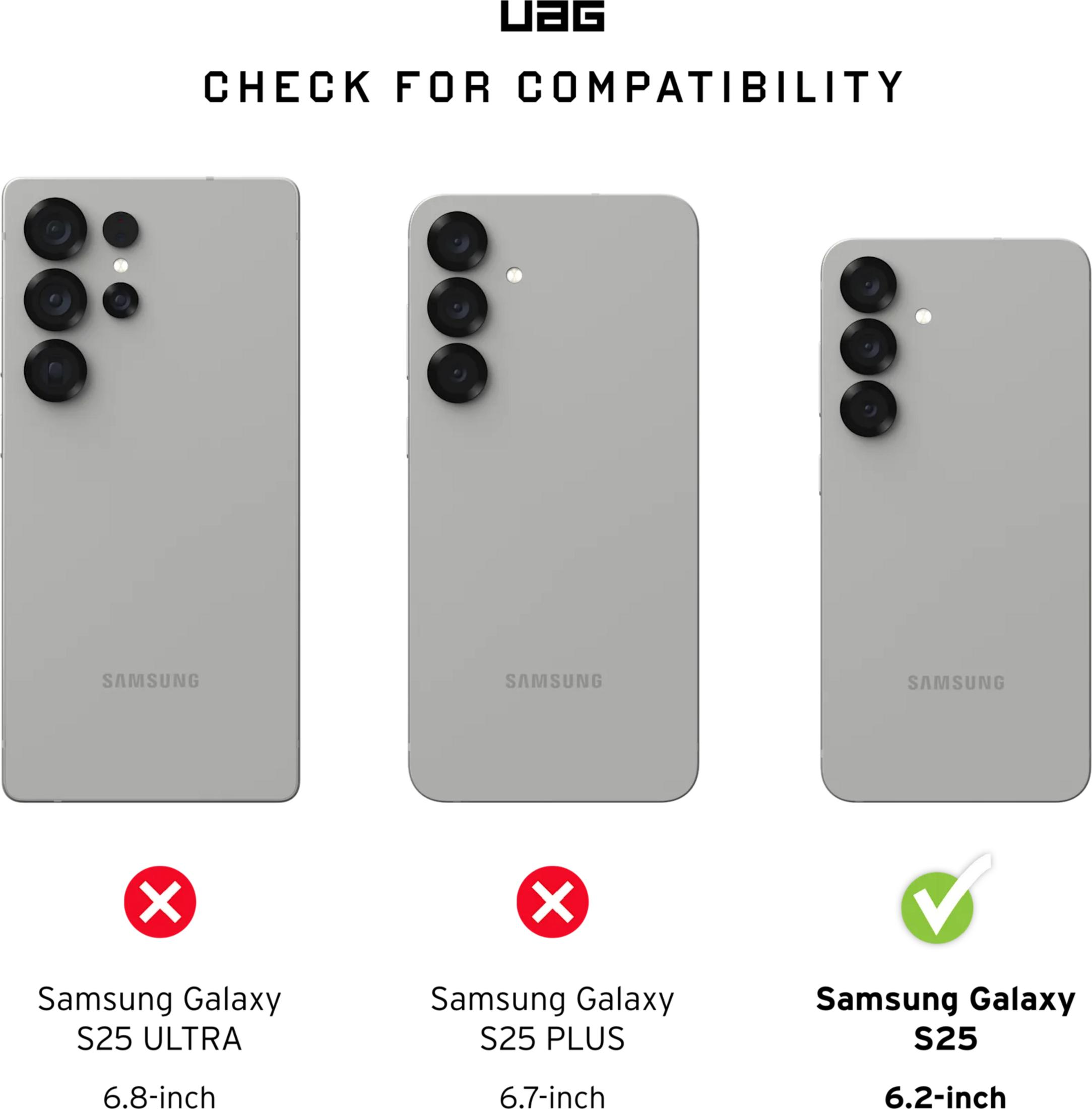 Tre telefoni Samsung: S25 Ultra (sinistra), S25 Plus (centro) e S25 (destra).
