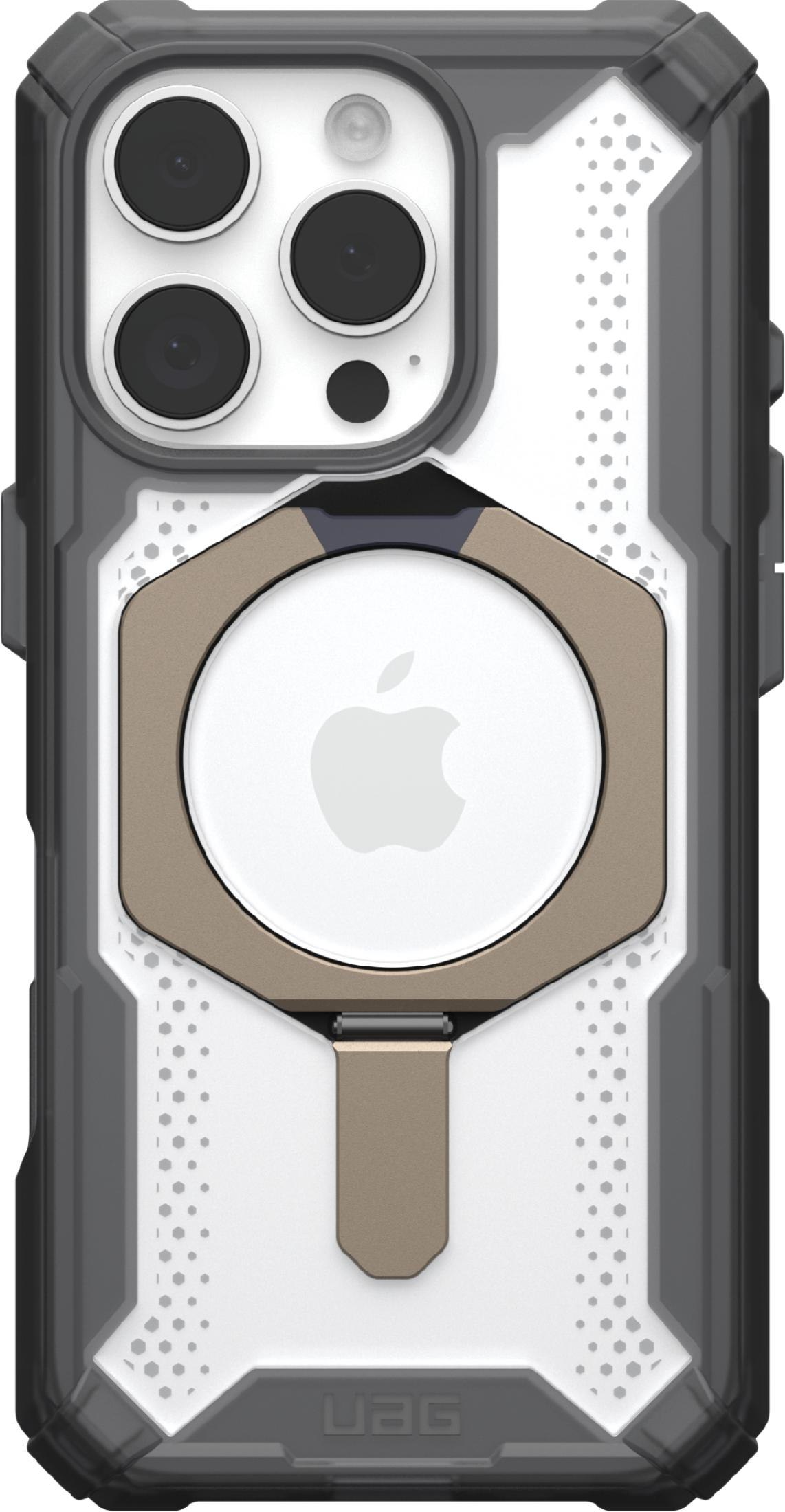 Rückseite einer Schutzhülle mit drei Kameras und einem runden Apple-Logo.
