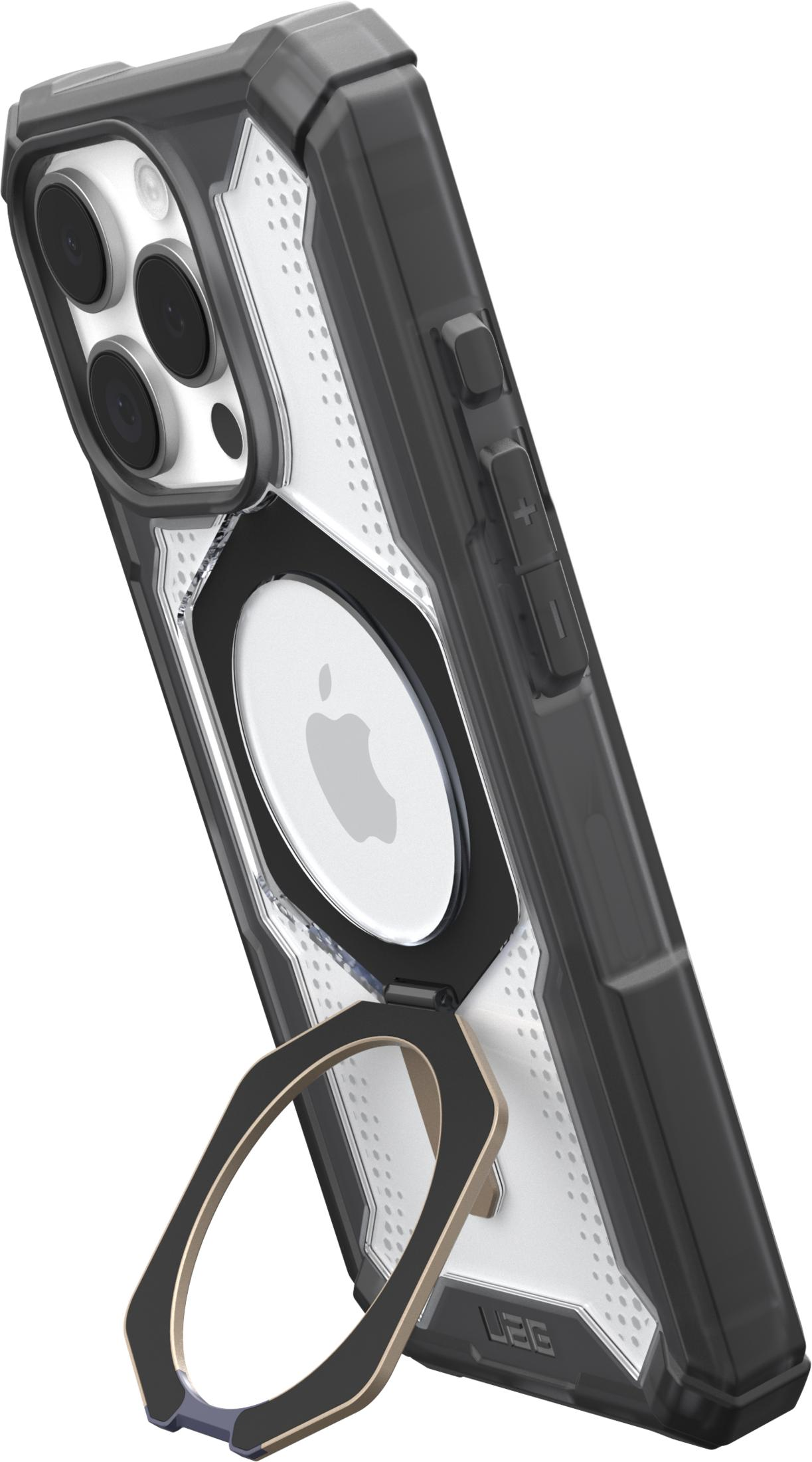 Schwarzes Handyhülle mit Apple-Logo und integriertem Ring-Ständer.