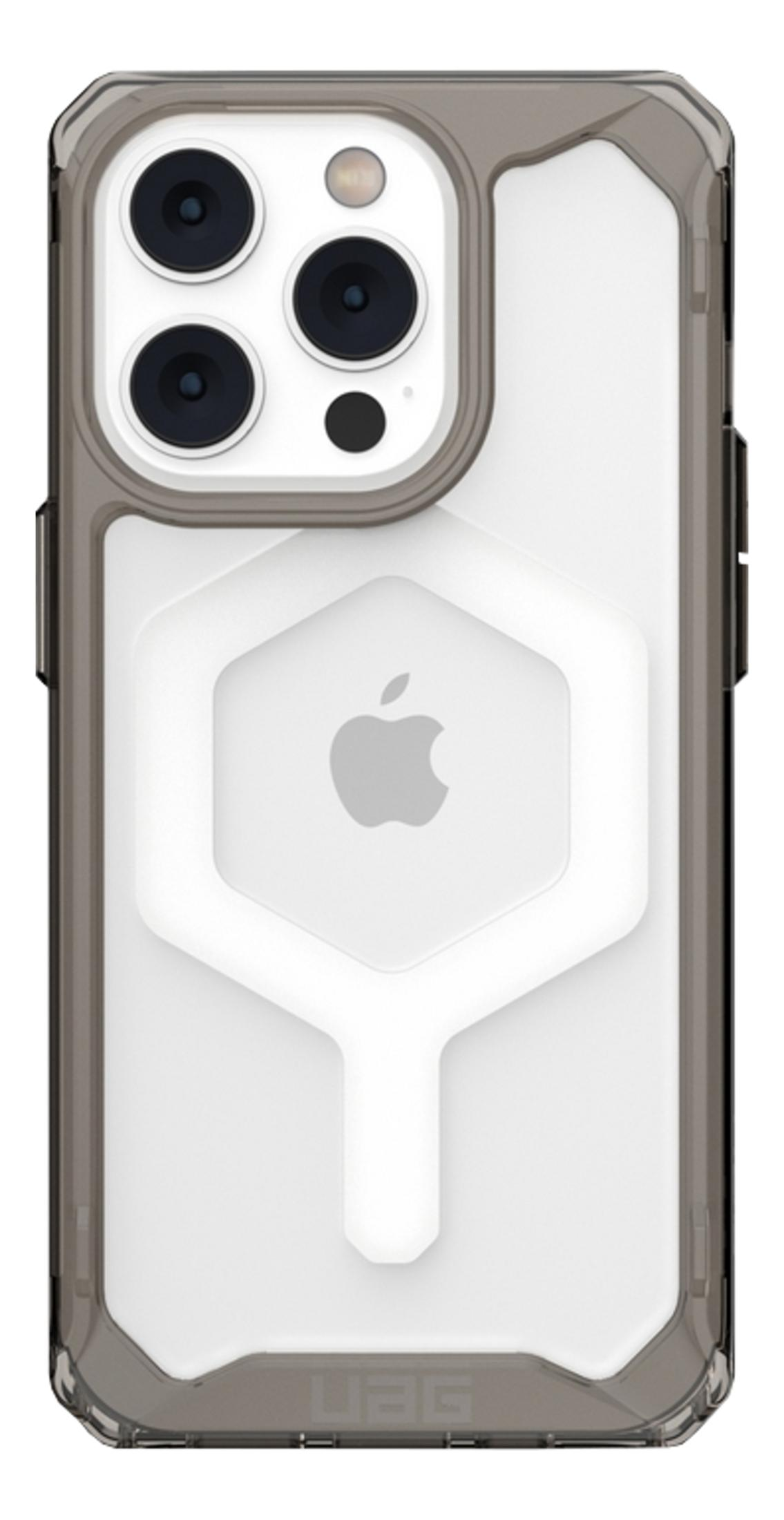 Een doorzichtige telefoonhoes met grijze rand toont een drievoudige camera en Apple-logo.