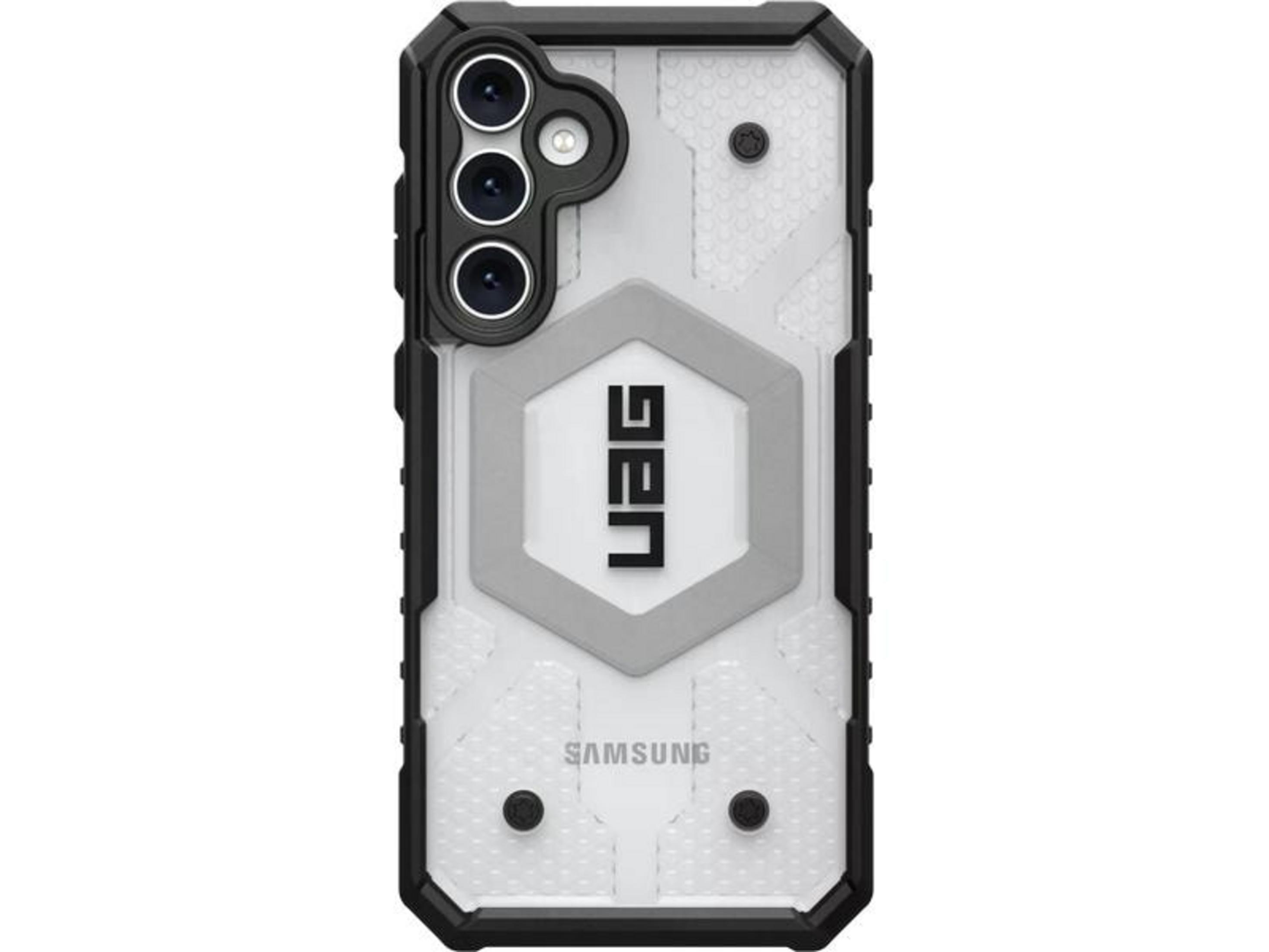 Doorzichtige hoes met zwart frame, camera-uitsparingen en UAG-logo.