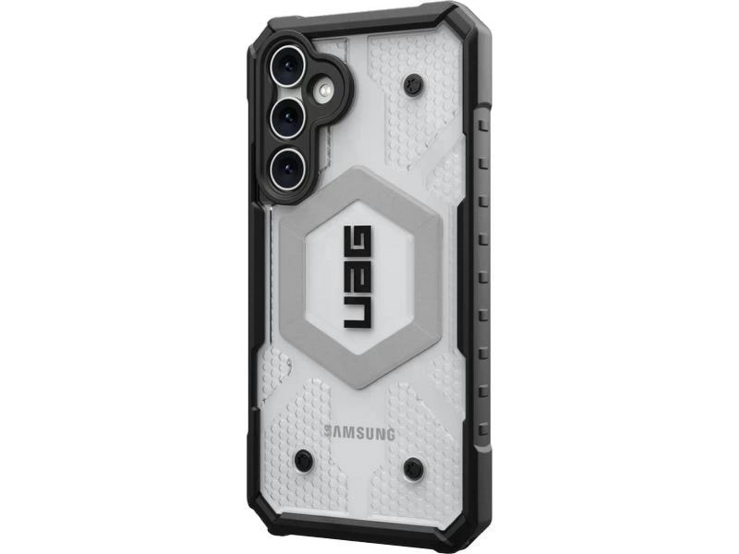 Achterkant van een Samsung telefoon met een grijze en zwarte UAG beschermhoes.