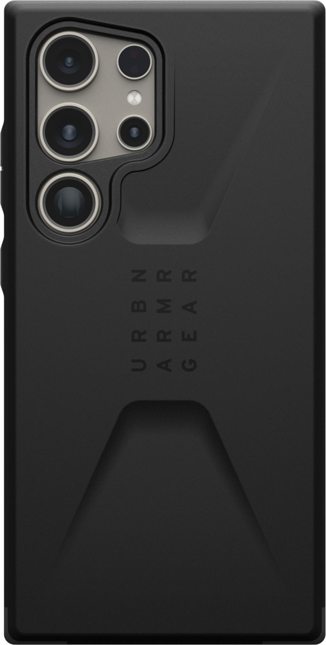 Czarne etui na telefon z widocznym modułem aparatu i pionowym napisem.