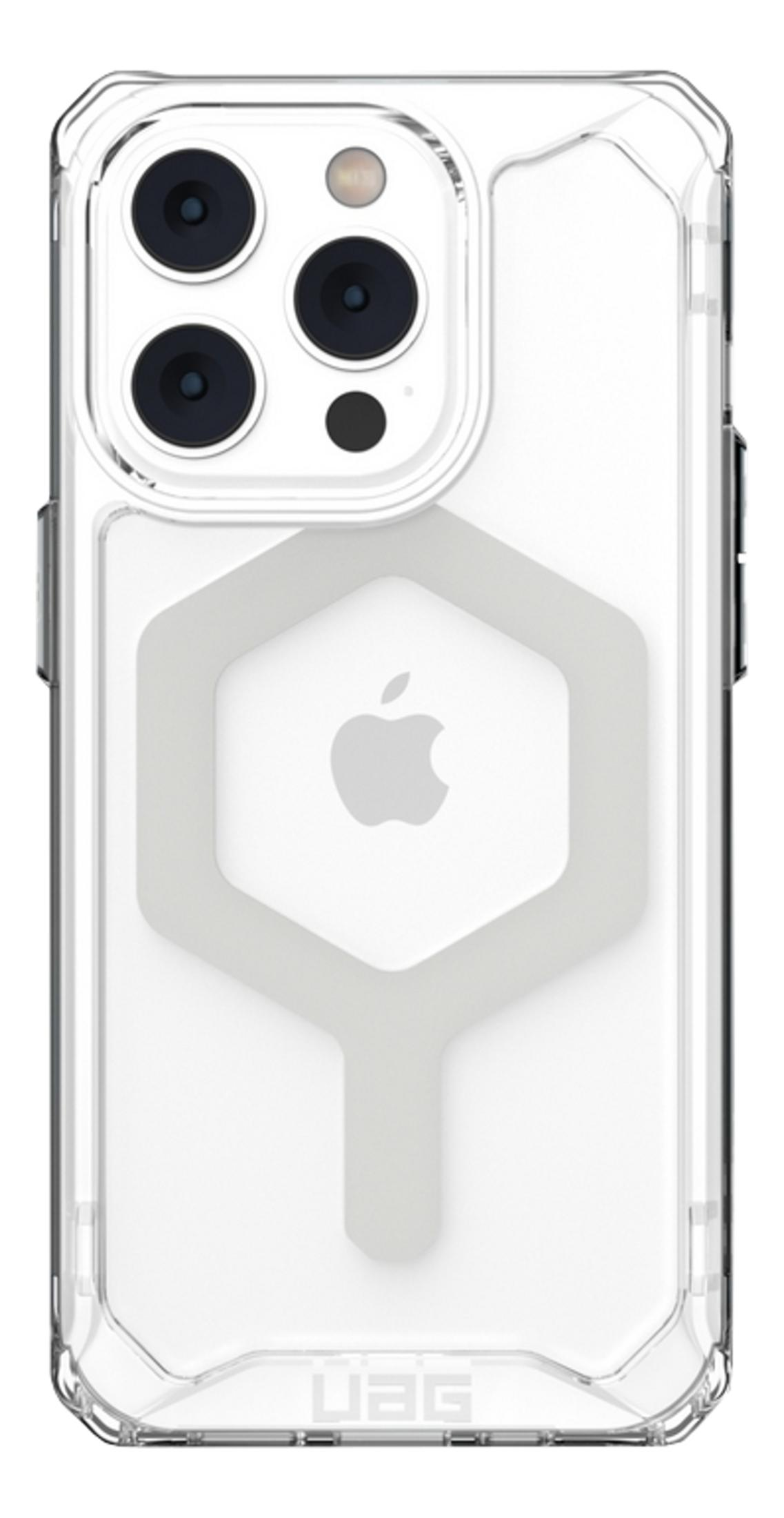 Doorzichtige telefoonhoes met drievoudige camera, Apple-logo en UAG-merk.