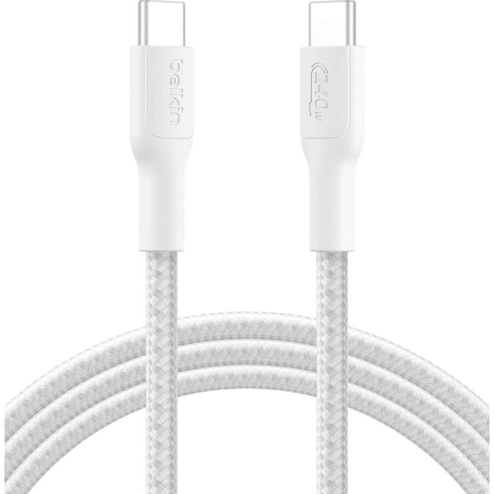 Biały kabel USB-C Belkin 240W, zwinięty. Biały pleciony przewód.