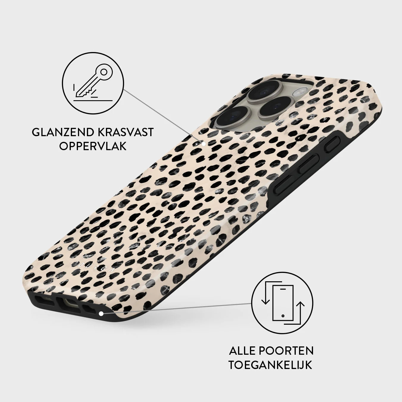Coque de téléphone motif léopard, surface résistante aux rayures, tous ports accessibles.