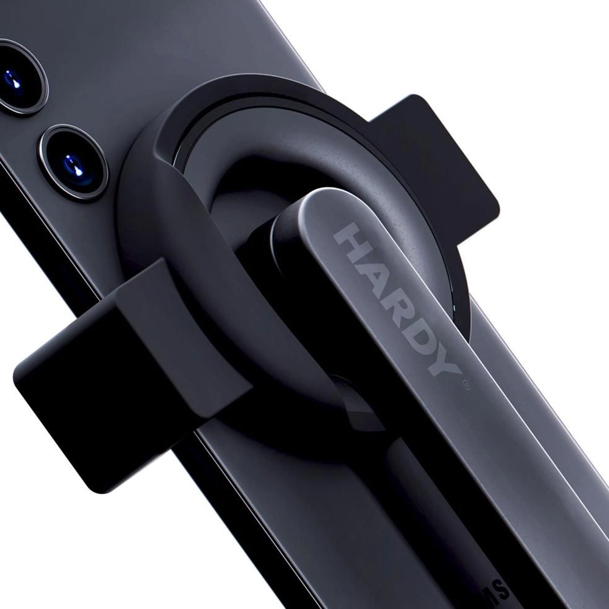 Zbliżenie czarnego telefonu z dwoma aparatami i czarną rączką.