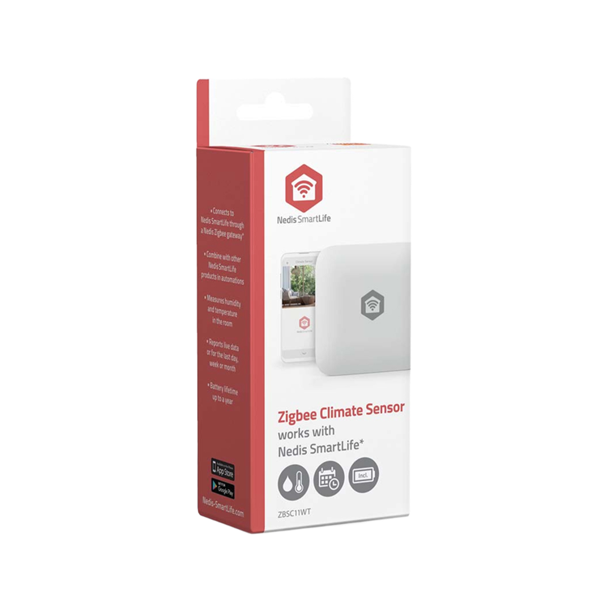 Verpackung eines Nedis Zigbee Klimasensors mit Symbolen für Temperatur, Luftfeuchtigkeit und Konnektivität.