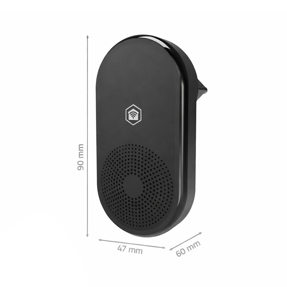 Zwart smart home apparaat met luidsprekerrooster en afmetingen.