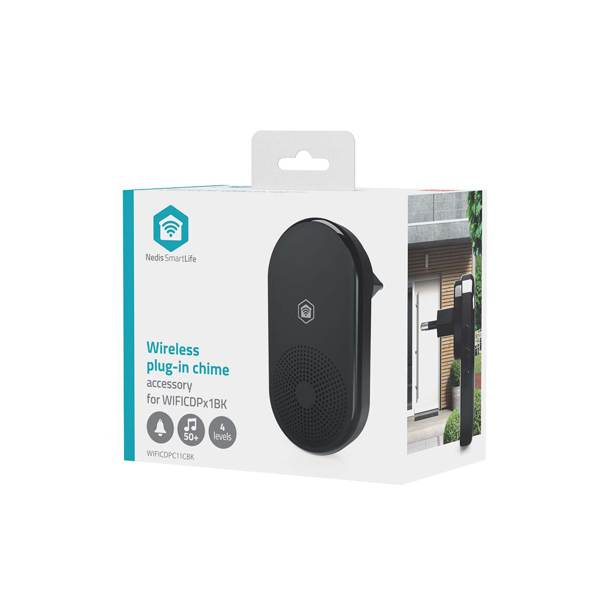 Zwarte draadloze plug-in deurbel met 'Nedis SmartLife' logo op witte doos.