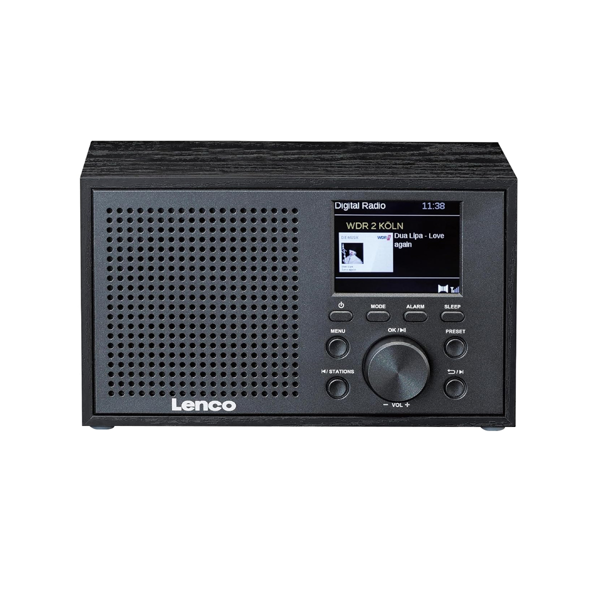 Czarno-cyfrowe radio z logo Lenco, grillem głośnika i ekranem.