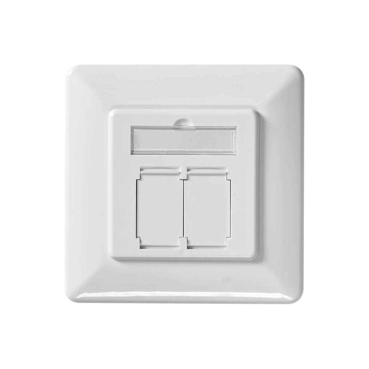 A white wall plate featuring two keystone jack slots and a label holder.