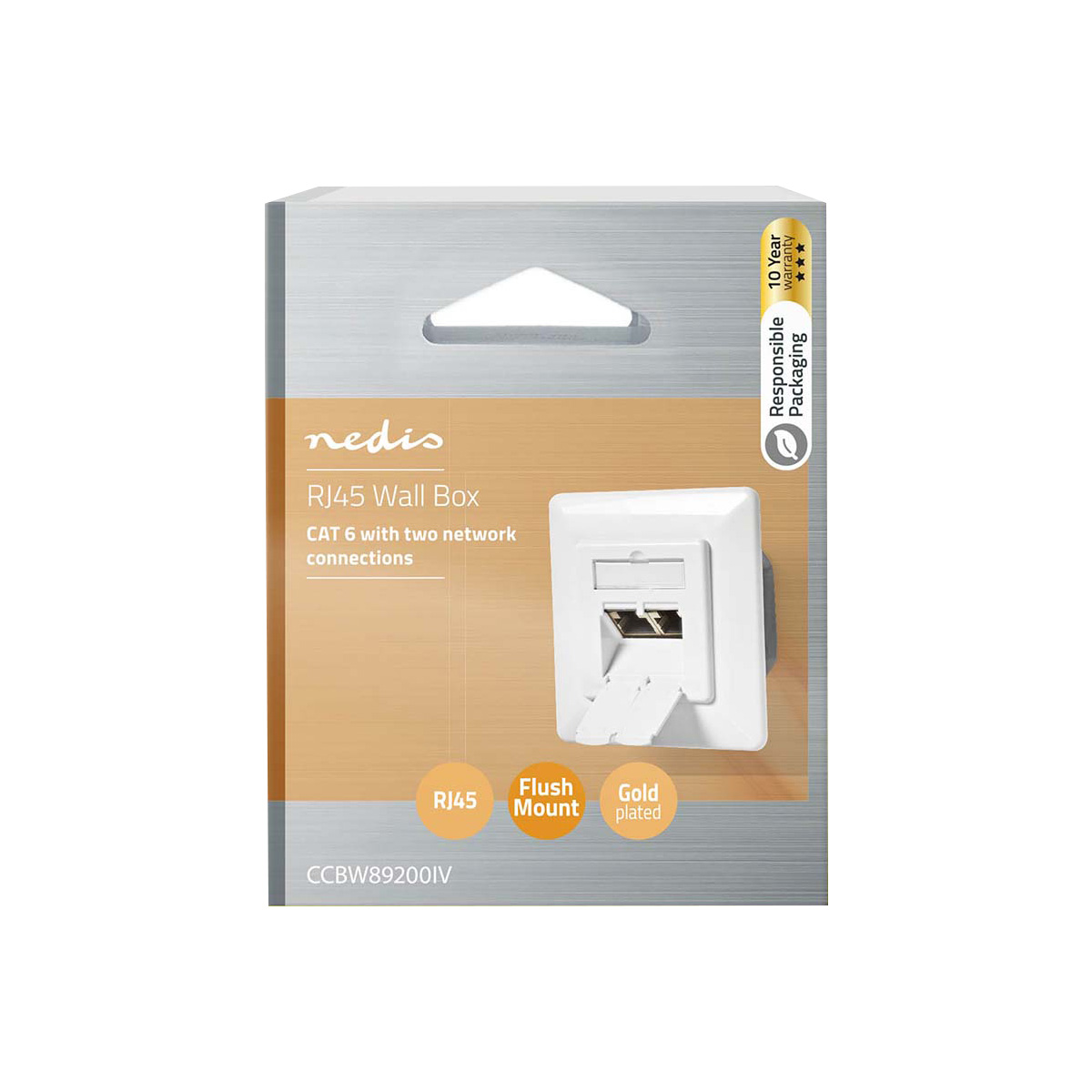 White RJ45 wall box CAT 6 with two network connections, flush mount, gold plated.