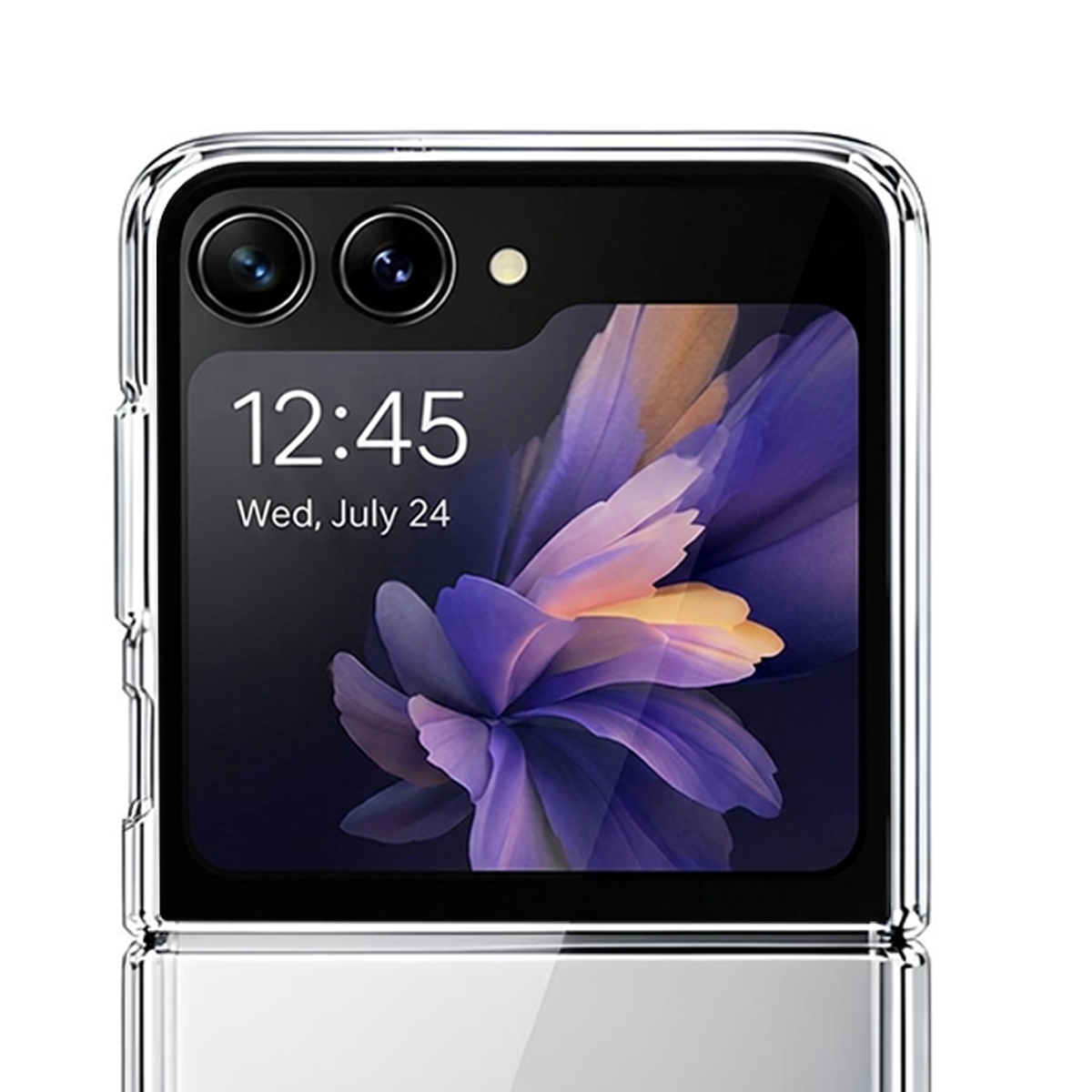 Una custodia trasparente mostra uno smartphone con due fotocamere e sfondo floreale viola.
