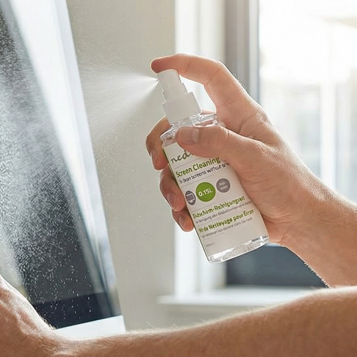 A hand sprays screen cleaner onto a monitor screen.