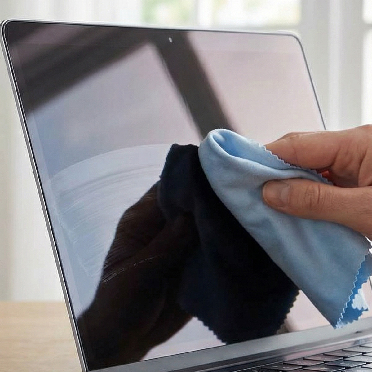 A hand wipes a laptop screen with a blue cloth.