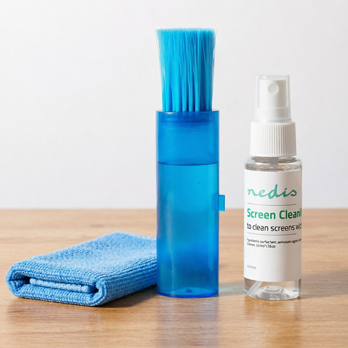 A blue cleaning pen, a blue microfiber cloth, and a spray bottle.