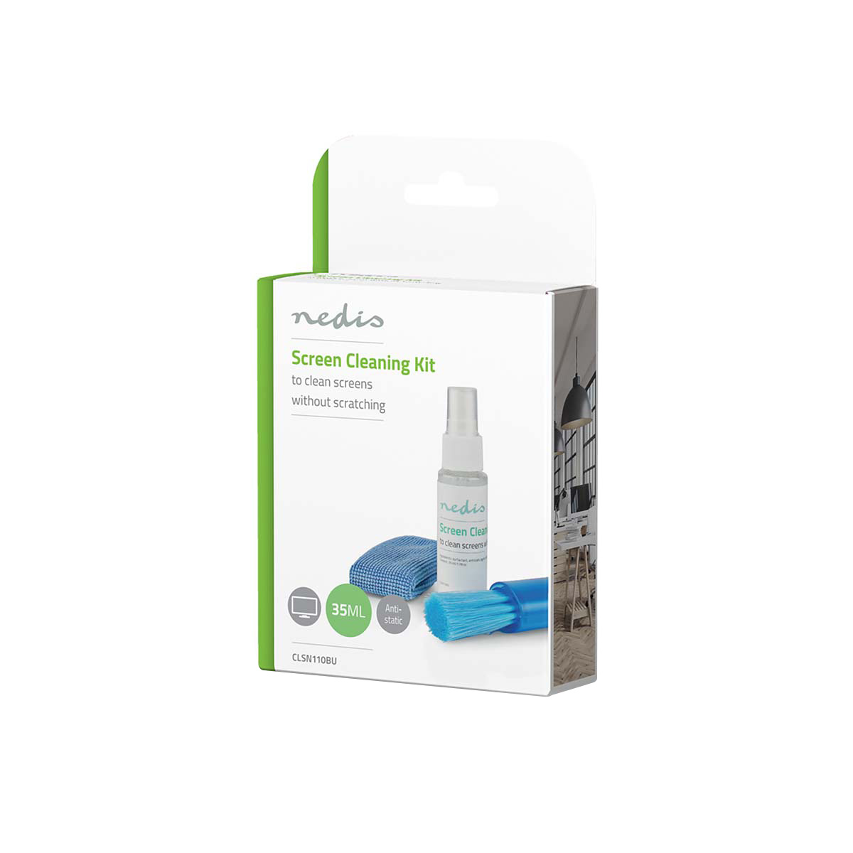 A Nedis screen cleaning kit with spray, microfiber cloth, and brush.