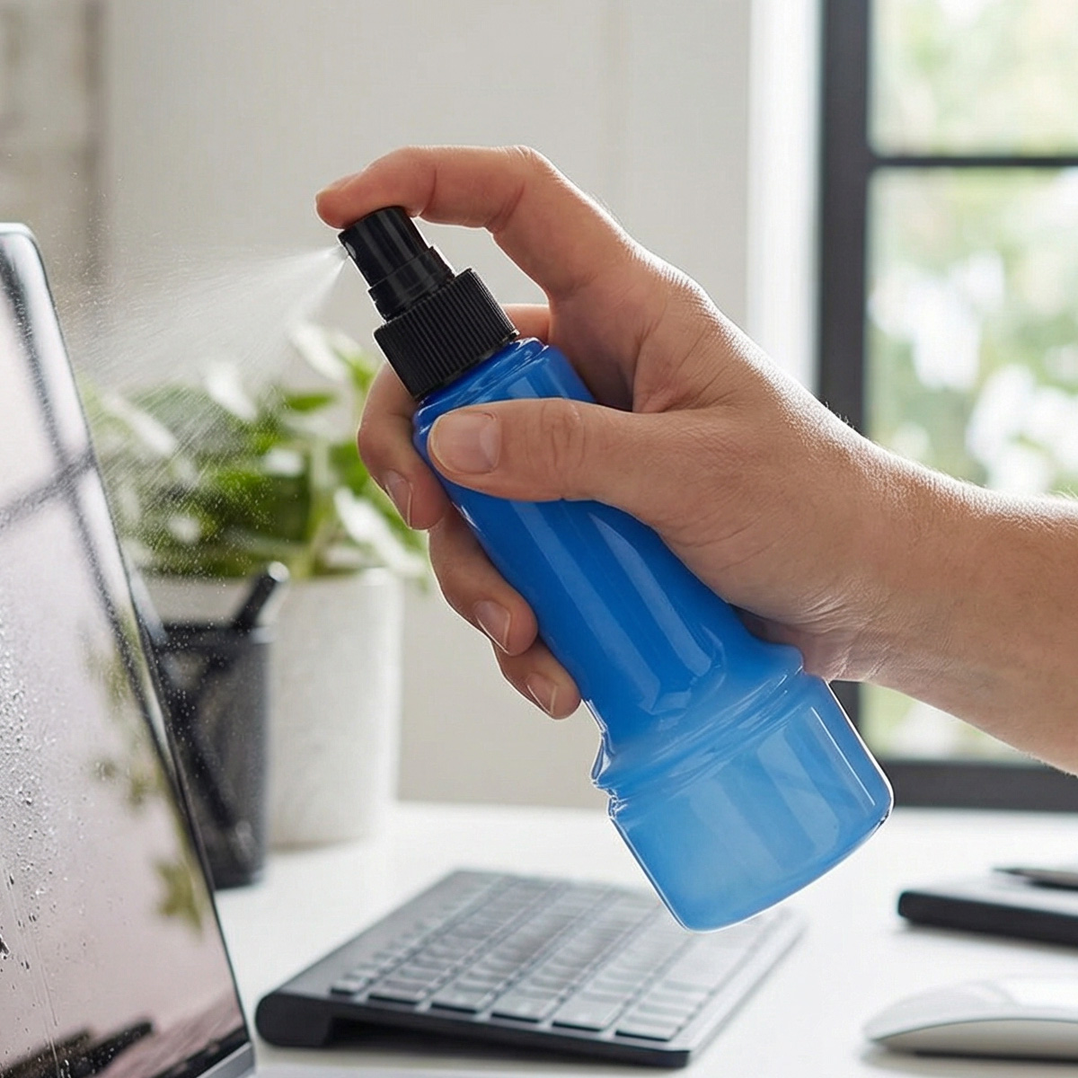 Ręka rozpyla niebieską butelkę na ekran, w pobliżu klawiatury.