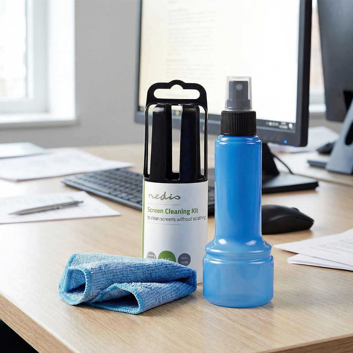 Zestaw do czyszczenia ekranu z niebieskim sprayem i ściereczką z mikrofibry na biurku.