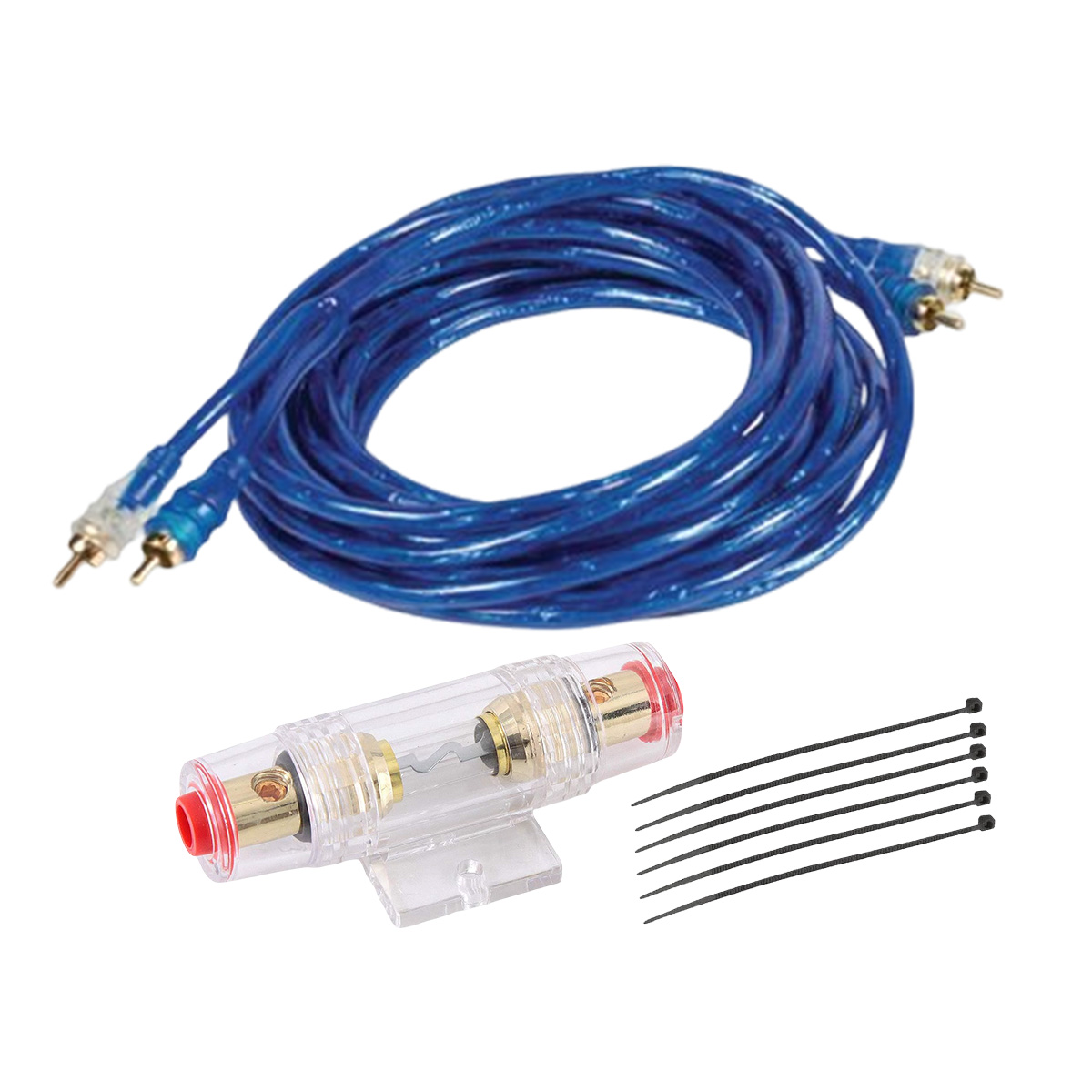 Cavi audio blu e un portafusibile trasparente con fusibile e fascette per cavi.