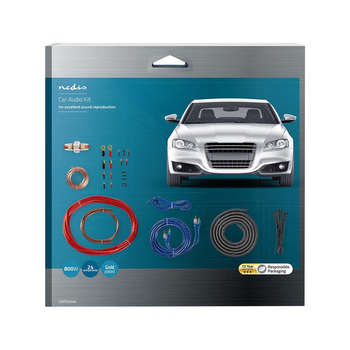 Confezione kit audio per auto con auto argentata, cavi, connettori e attrezzi in mostra.