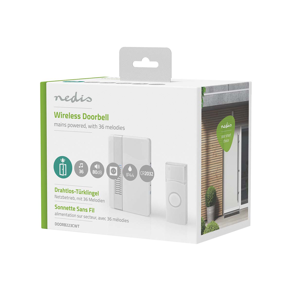 Opakowanie zestawu dzwonka bezprzewodowego Nedis z nadajnikiem i odbiornikiem.