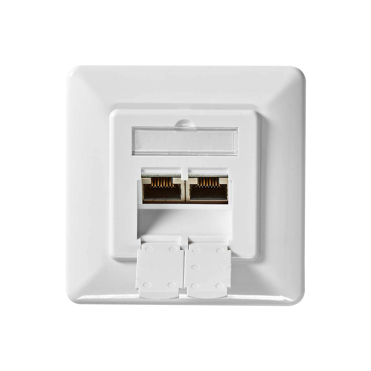 White wall plate with two RJ45 Ethernet ports and two protective covers.