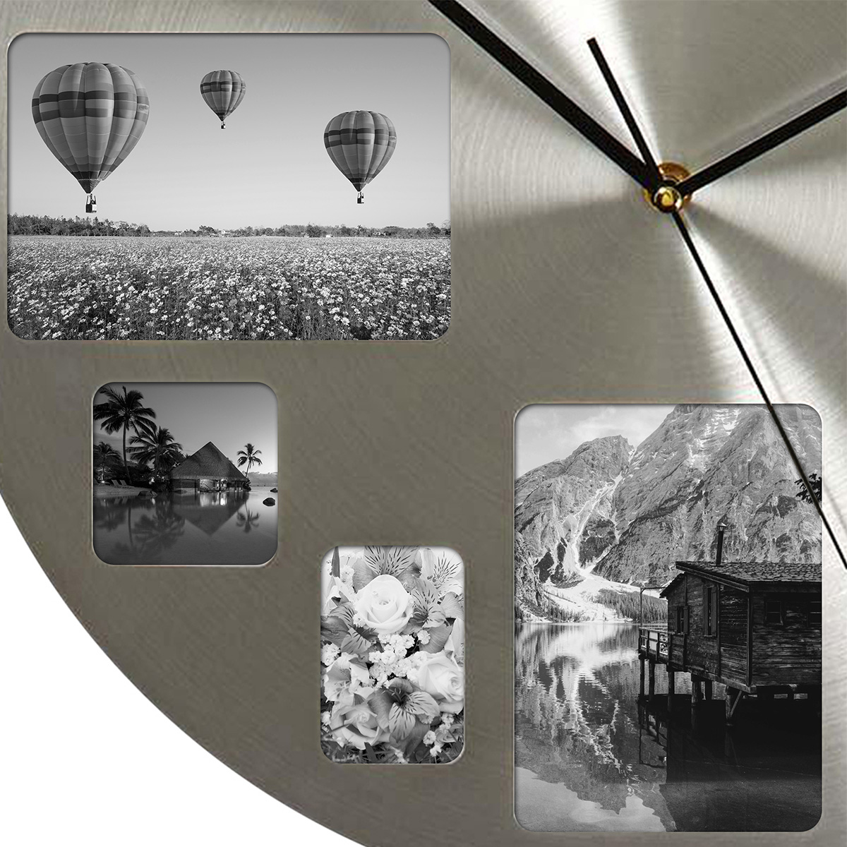 Collage aus vier Schwarz-Weiß-Bildern: Heißluftballons über Blumenfeld, Hütte am See, Blumen und Berge.