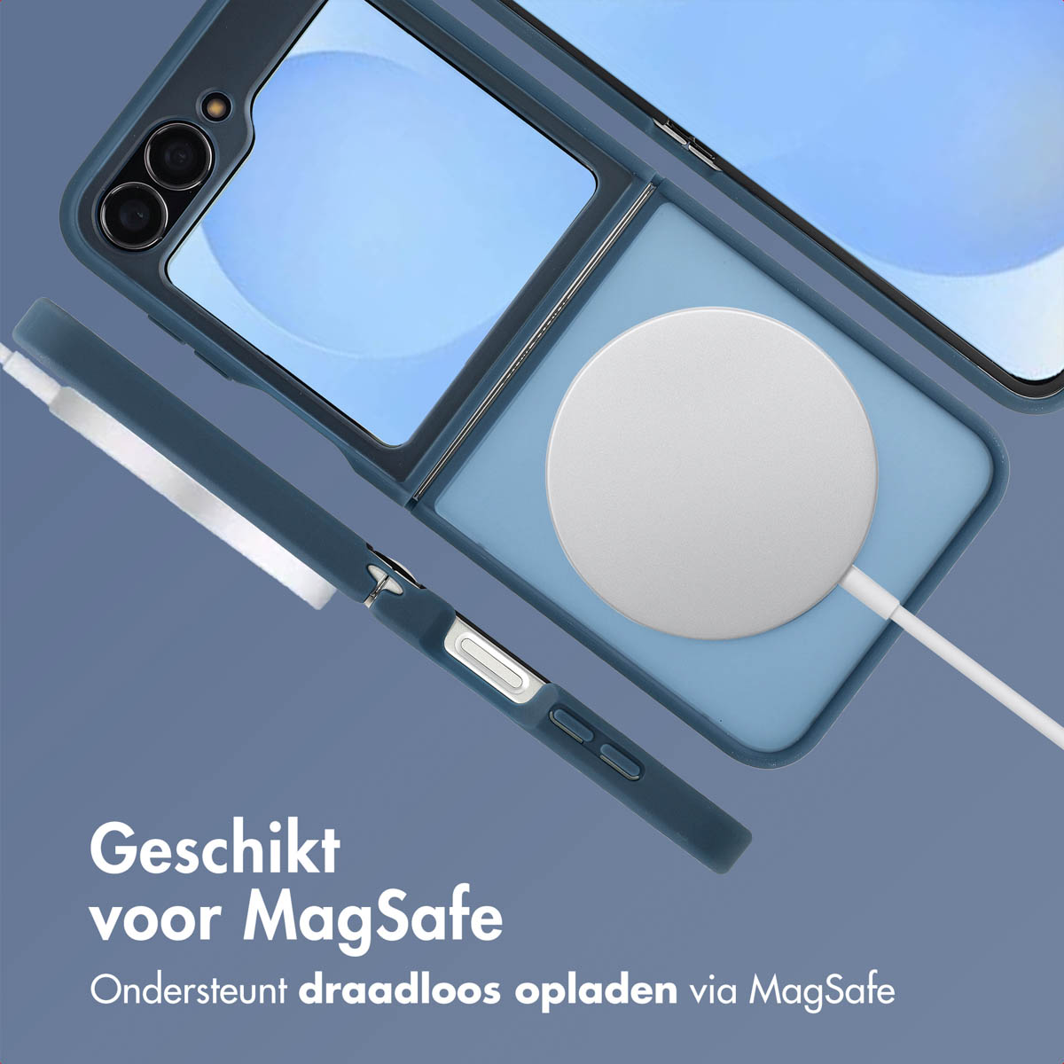Une coque de téléphone bleue avec chargeur MagSafe et câble. Gros plan.