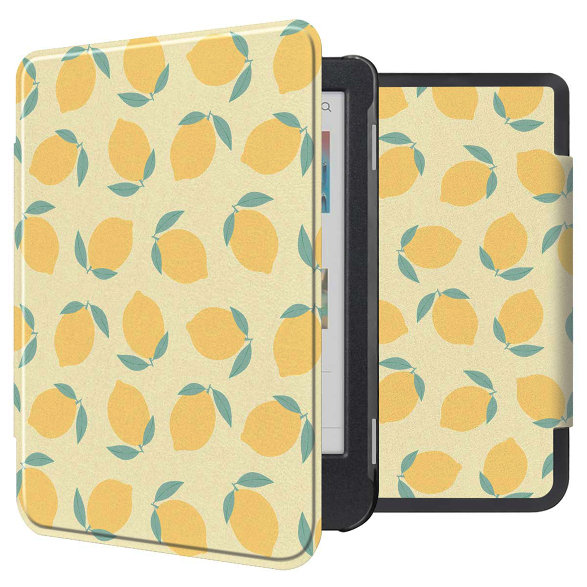 Een e-reader met een gele hoes met citroenpatroon en groene bladeren.