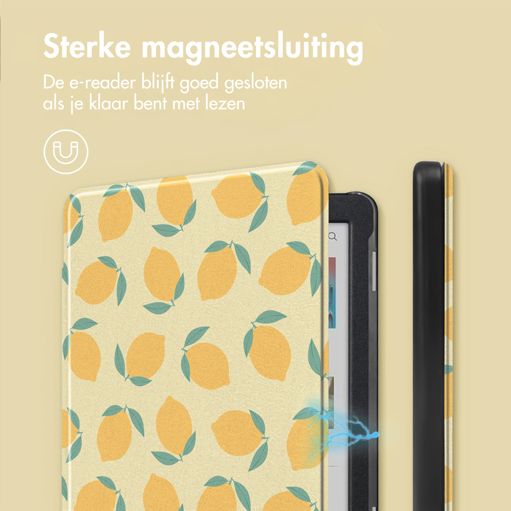 Een e-reader met hoesje met citroenpatroon en magneetsluiting.