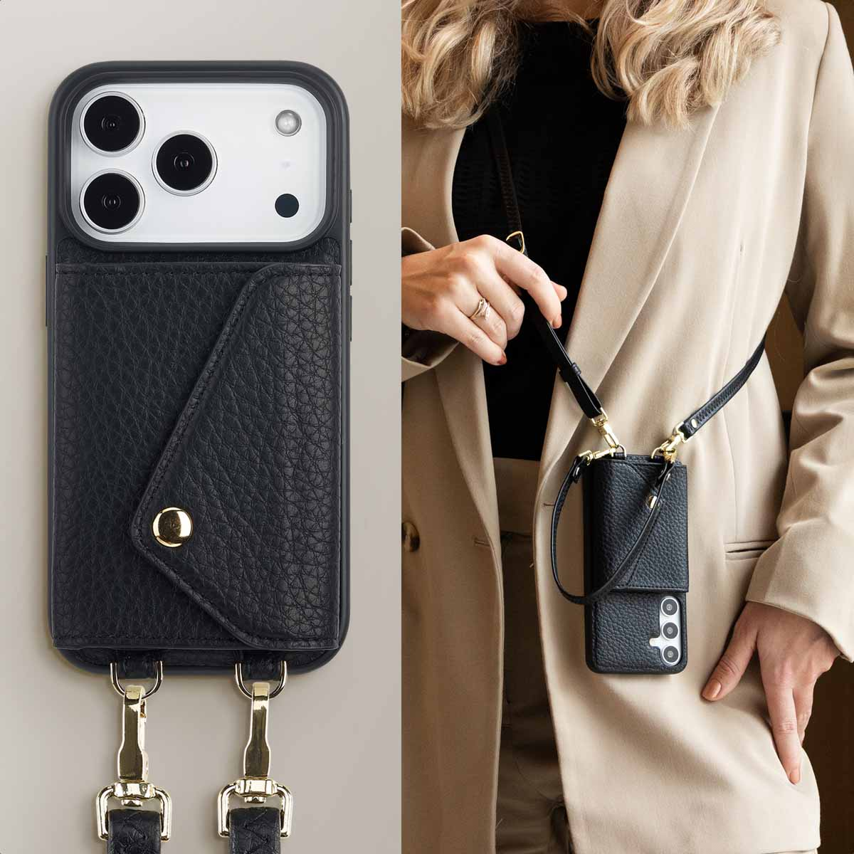 Zwarte leren telefoonhoes met bandje gedragen door een vrouw in een beige blazer.