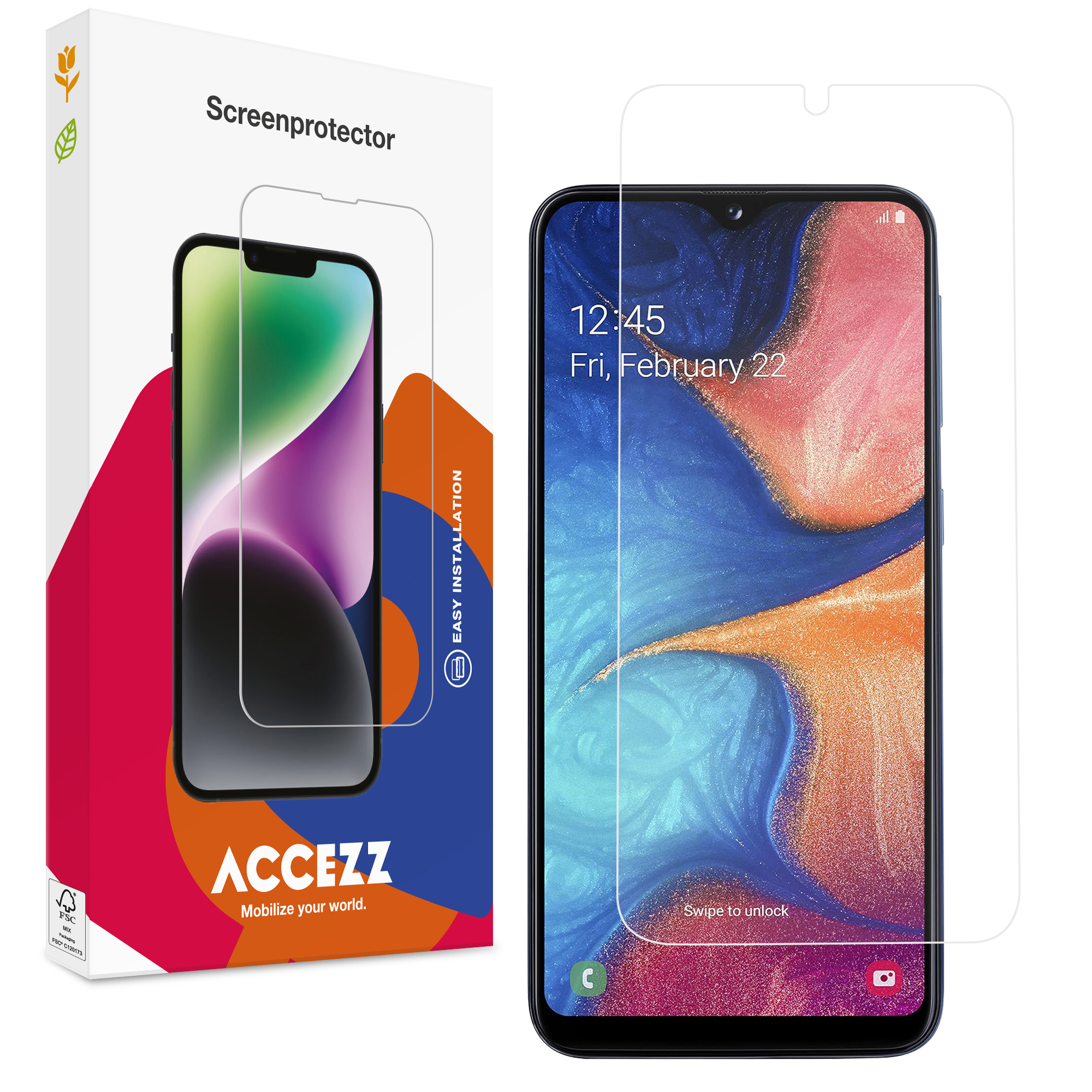 Verpakking en screenprotector voor een smartphone met uitnodigend vergrendelingsscherm.