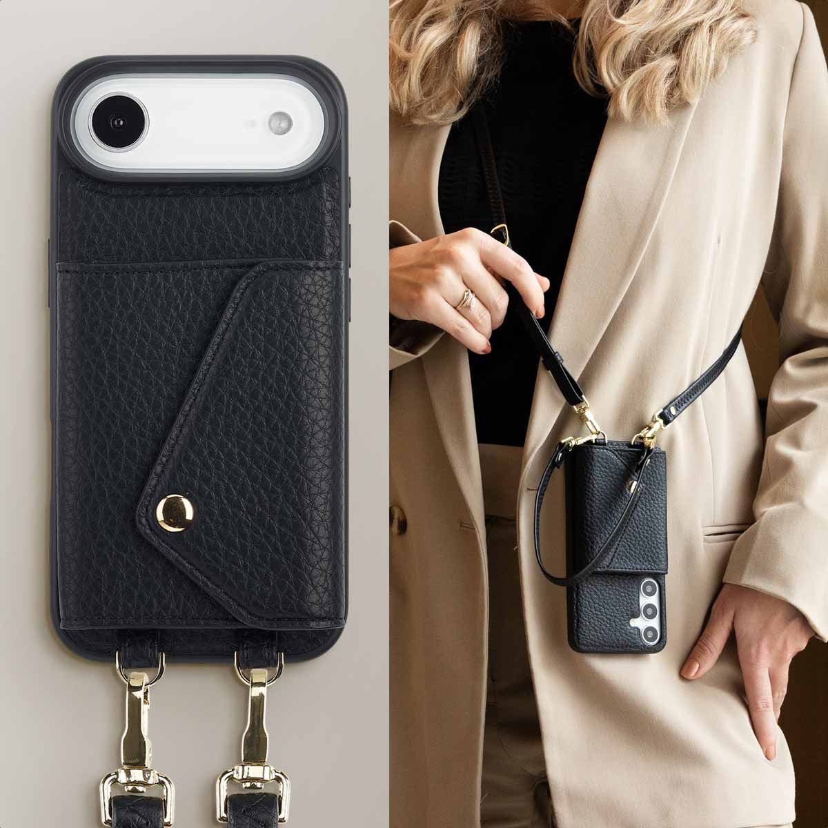 Étui noir en cuir pour téléphone avec poche et lanière, porté par une femme en blazer beige.