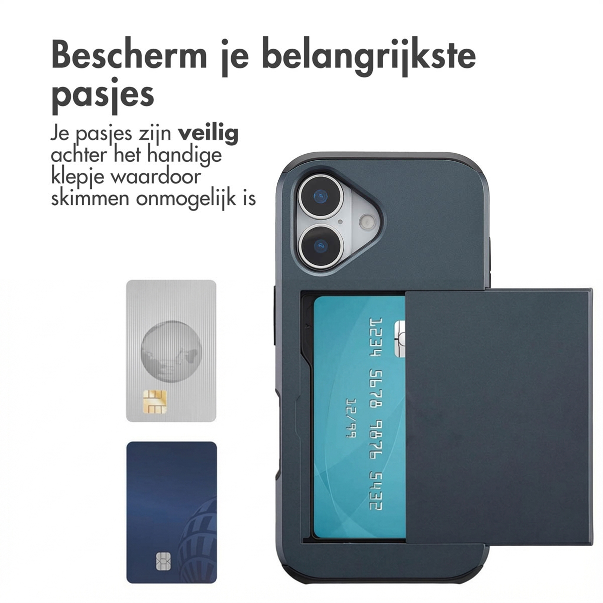 Een donkergrijs telefoonhoesje met kaarthouder toont een blauwe creditcard.