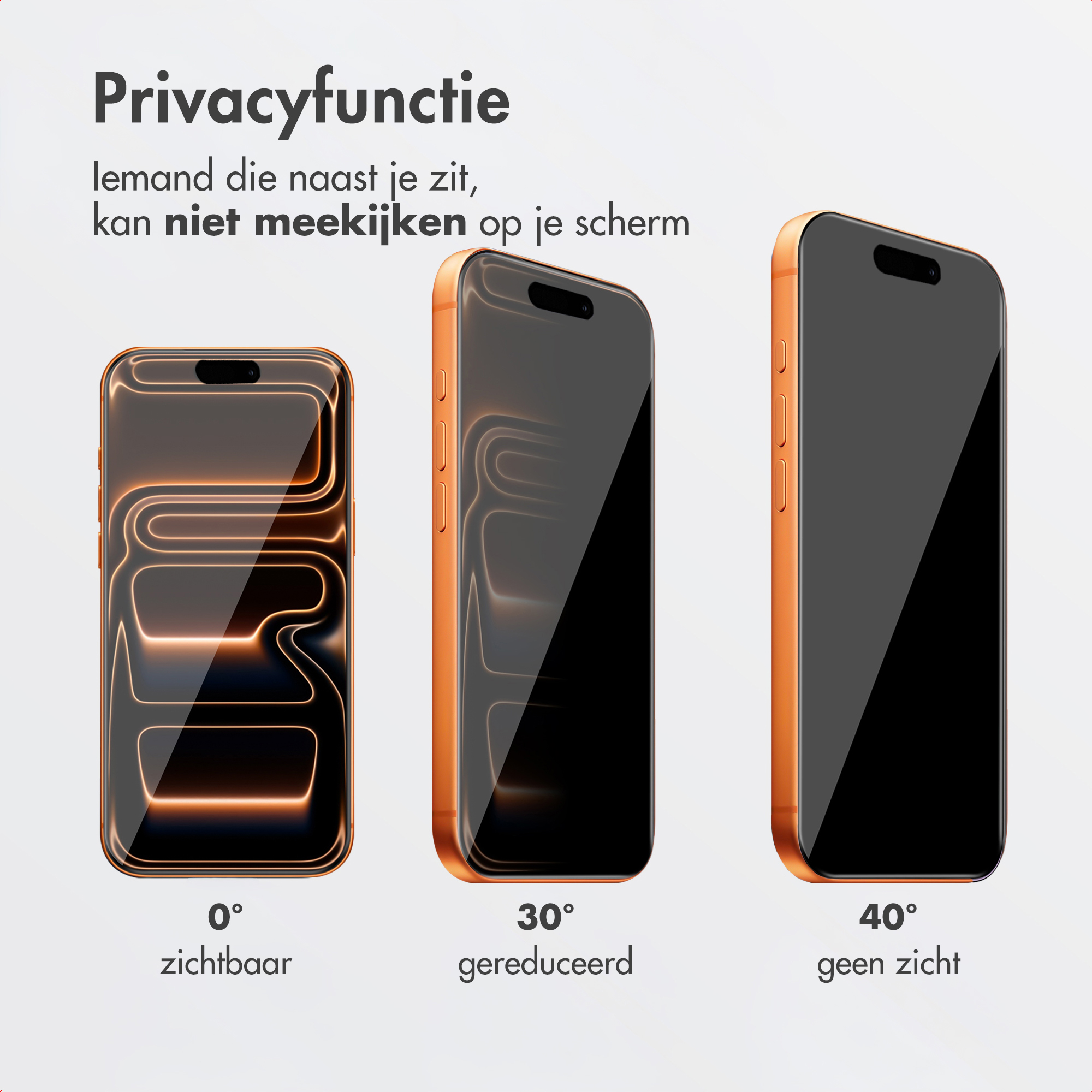 Three phones show different viewing angles: 0 degrees visible, 30 degrees reduced, 40 degrees invisible.
