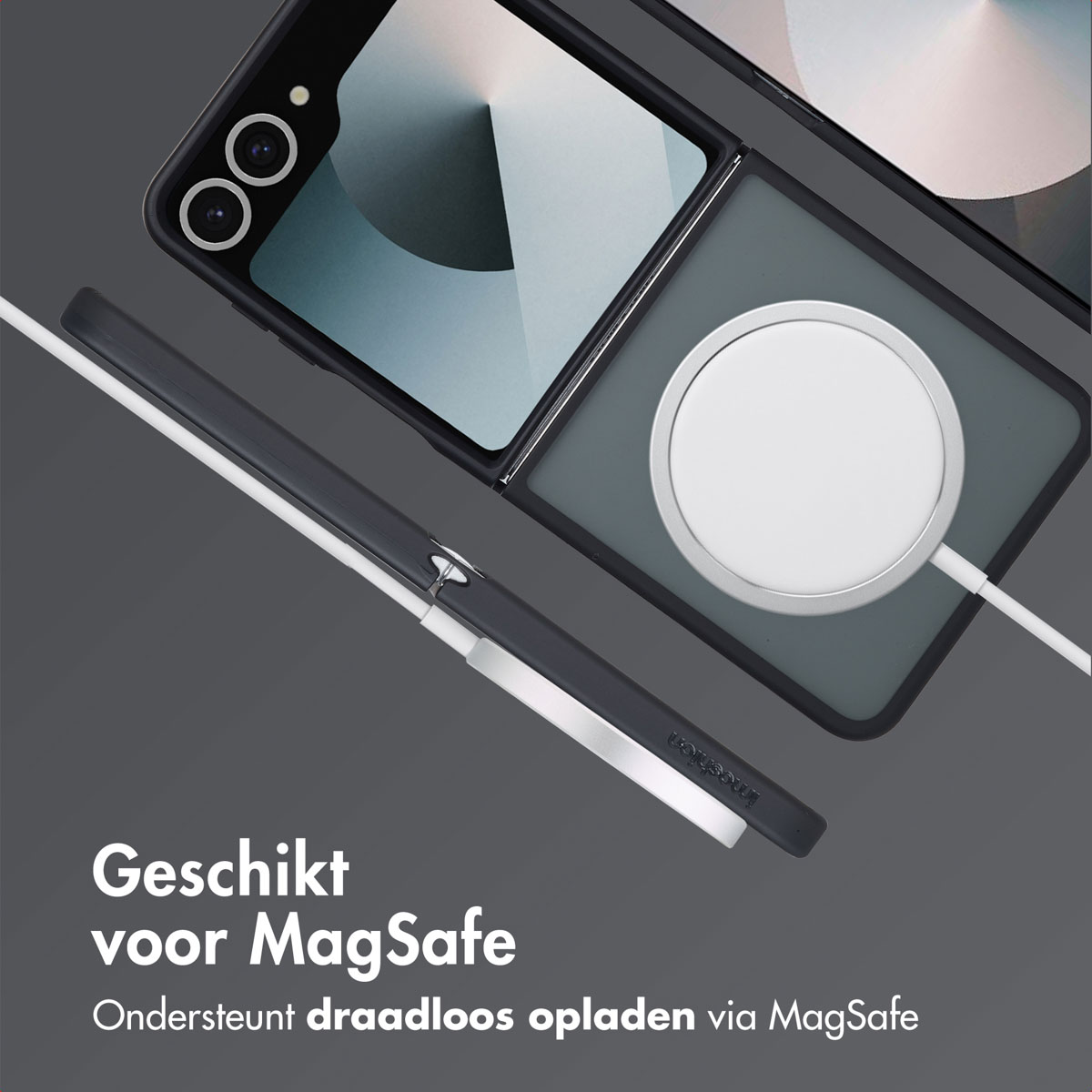 Een smartphone met MagSafe lader en kabel. Geschikt voor MagSafe.