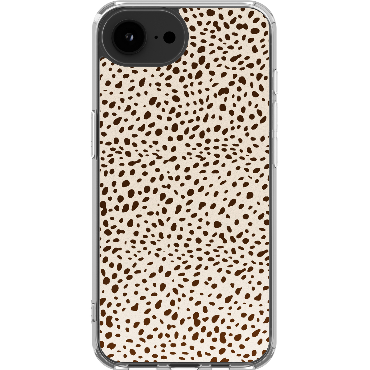 Een iPhonehoesje met een dalmatiërpatroon van bruine vlekken op een crème ondergrond.