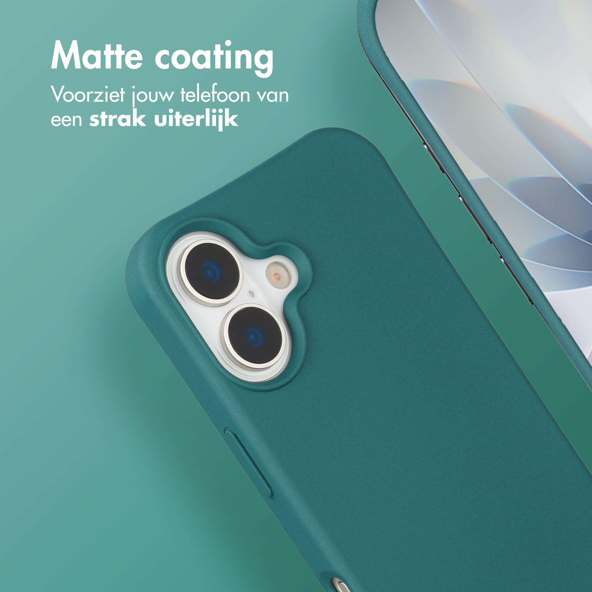 Une coque de téléphone bleu sarcelle avec des objectifs de caméra. Le texte indique "Matte coating" en néerlandais.