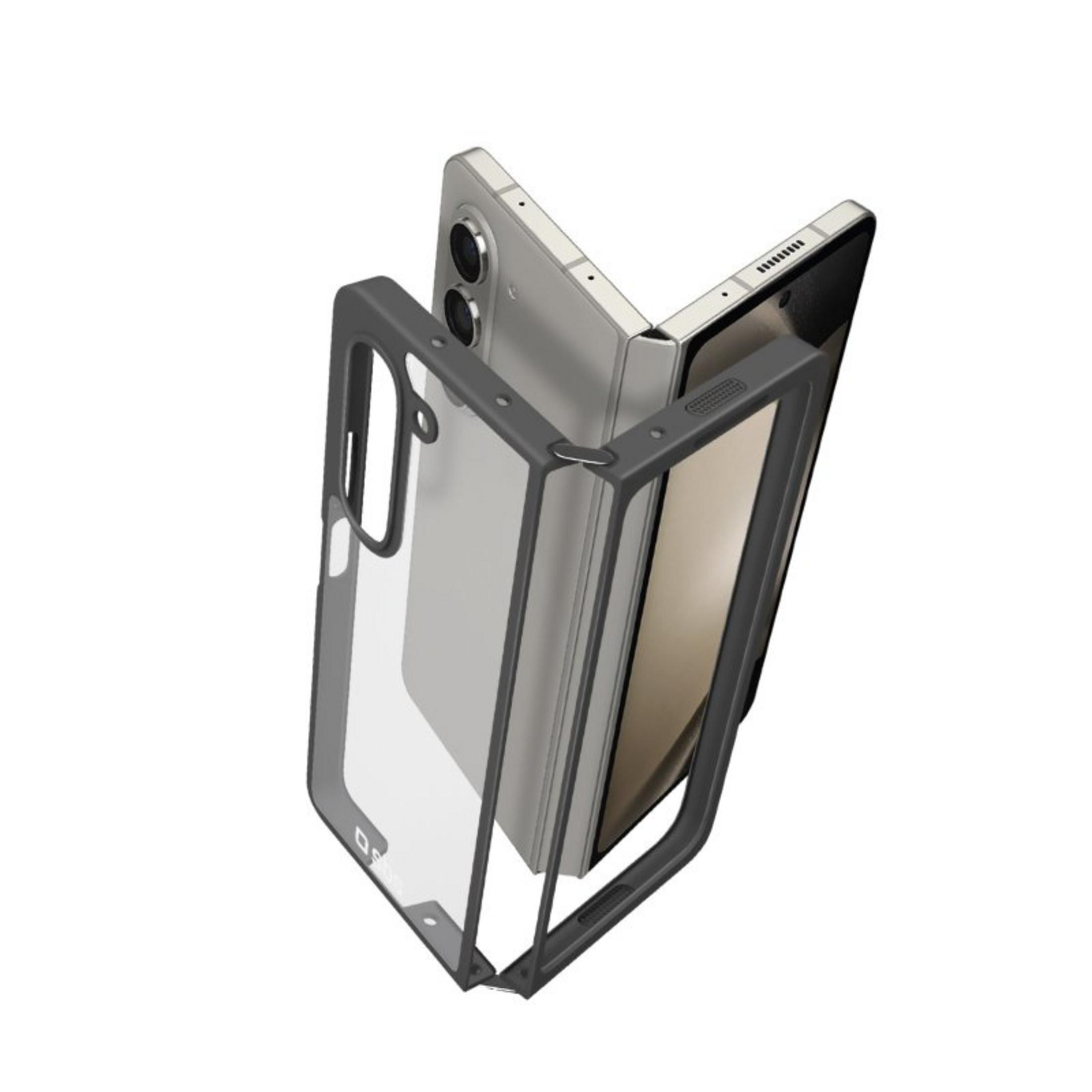 Een zilverkleurige smartphone met twee camera's wordt in een doorzichtige hoes met donker frame geschoven.