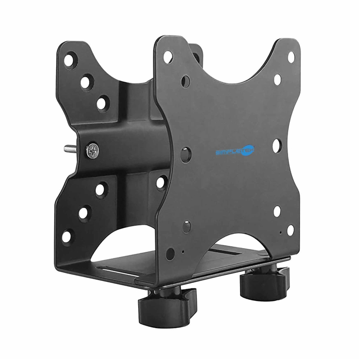 Czarny metalowy wspornik ze śrubami i stopkami, logo 'SIMPLE'.